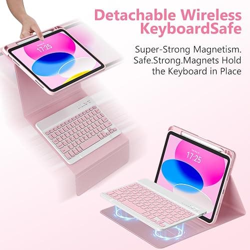 CC Store for iPad A16 11th 10th Generation Case with Keyboard - Detachable Folio Keyboard Cover with Pencil Holder for iPad 11-inch A16 2025 10th Gen 10.9 Inch 2022(Pink) thumbnail 5
