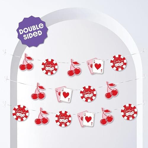 Big Dot of Happiness Lucky in Love Garland Banner, Las Vegas Bachelorette Party Decor, 30 Feet of Cord, 15 Double-Sided Red & Pink Retro Cherry, Poker Chip, Queen of Heart Playing Card Pieces thumbnail 2