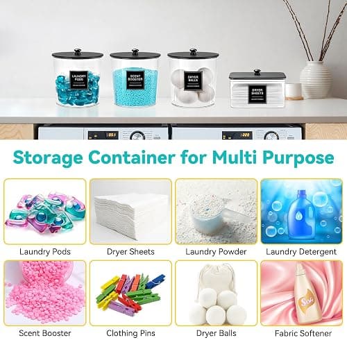 SACIOVEE Laundry Pods Container & Dryer Sheet Holder, Laundry Room Organization and Storage Jars with Lids, Labels & Scoops for Powder Detergent Scent Booster, Black Lid thumbnail 3