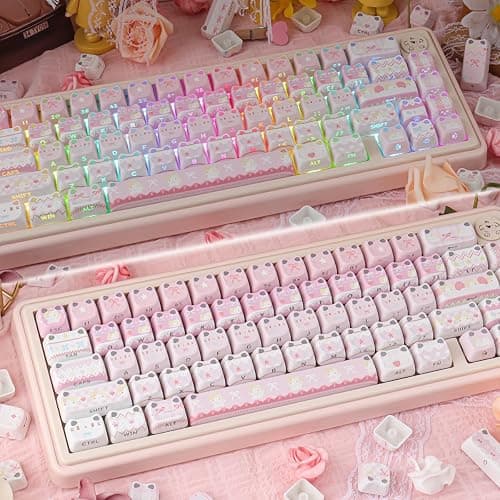 TYRIXKI PBT Keycaps - Pink Meow Meow Keycap, 113 Keys Side Print Shine Through Cute Keycap, Mao Profile Custom Cat Keycaps for 60 65 75 100 Percent Cherry MX Mechanical Keyboard thumbnail 5