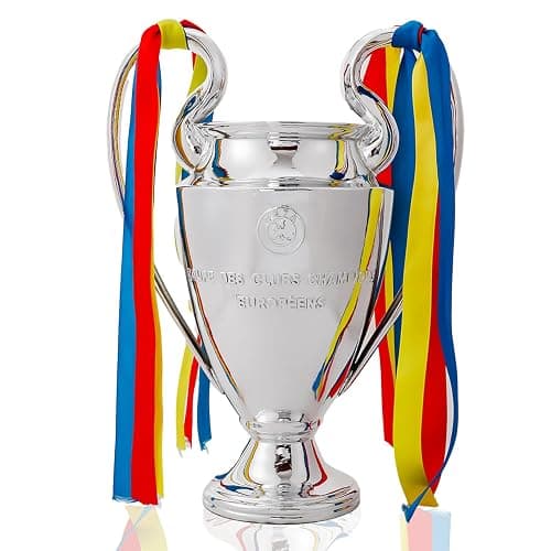 Emaraxy Champion Trophy, Sports League Cup, Champions League Replica, Resin Material, Medal, Keepsake Collection, Office Decoration Trophy, Chrome Plated Silver/Blue Ribbon - Image 1