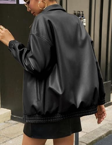 GraceSelect Women's Oversized Leather Jacket, Casual Soft Faux Leather Zip Motorcycle Coat With Pocket 2025 Fall Fashion thumbnail 3