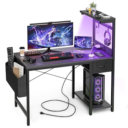 Grandder Gaming Desk 47 Inch with Power Outlet and LED Light, Computer Desk with Reversible Shelves and Storage Drawer, Pc Small Desk for Home Office Table with Bag, Carbon Fiber Black - Image 1