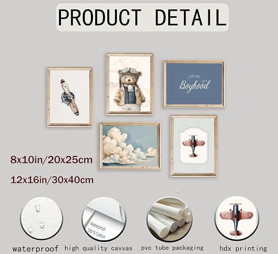 Vintage Baby Boy Nursery Wall Art Retro Airplane Travel Kids Room Canvas Wall Decor Teddy Bear Pictures Navy Blue Aviation Posters Cloudy Sky Painting Print Artwork for Boy Room Playroom, Unframed thumbnail 6