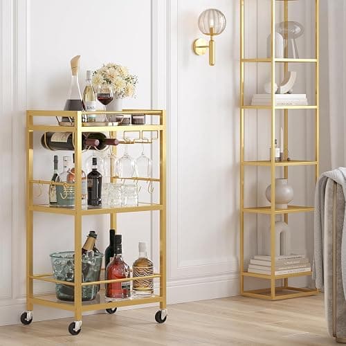 TUTOTAK Bar Cart, Home Bar Serving Cart with 3-Tier Mirrored Shelf, Drink Cart, Mobile Kitchen Shelf with Wine Rack, Gold BC01BB033 - Image 1