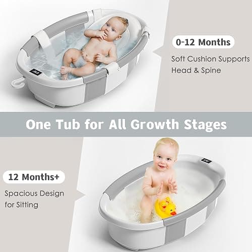 Himold Collapsible Baby Bathtub for Newborn to Toddler 0-36 Months, Spacious Foldable Infant Bath Tub with Thermometer, Cushion & Drain Hole, Portable Travel Tub Grey thumbnail 4