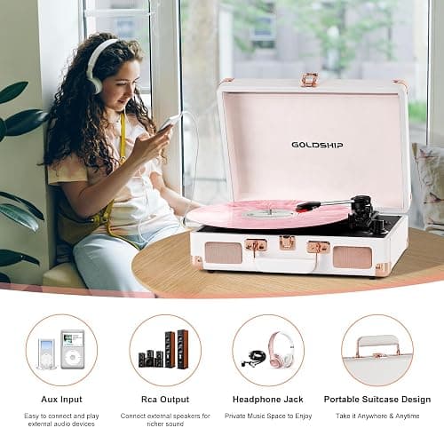 Portable Record Player 3-Speed Turntable Vintage Suitcase with Bluetooth, Built in Battery,3.5 mm Headphone Jack, RCA & Aux Ports for Outdoor thumbnail 5