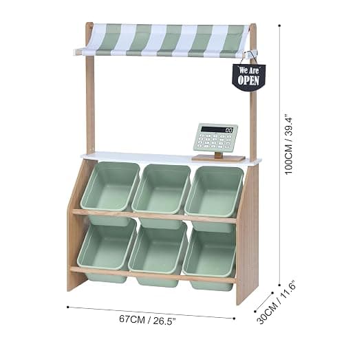 Teamson Kids Little Helper Wooden Farmer's Market Stand with Pretend Cash Register and 6 Plastic Storage Bins, Green, TD-13638A-AMZ thumbnail 3