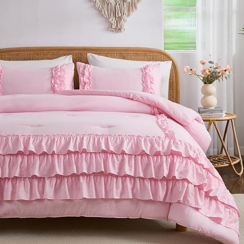 Herside Light Pink Comforter Set King Size,Waterfall Ruffle Shabby Chic Bedding Set,Soft Fluffy Boho Comforter Set for All Season,Vintage Ruffled 3 PCS Lightweight Quilt Set for Women Girls thumbnail 2