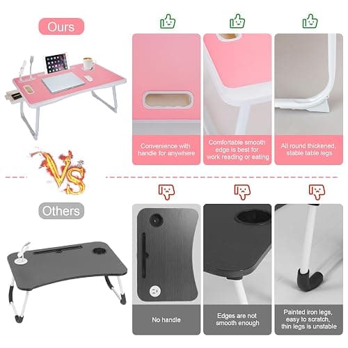 Laptop Bed Table, Laptop Desk for Bed, Foldable Laptop Bed Desk with USB Charge Port, Handle, Desktop Card Slot, Cup Slot, Side Drawer, Portable Laptop Table for Bed Eating Reading Working thumbnail 4