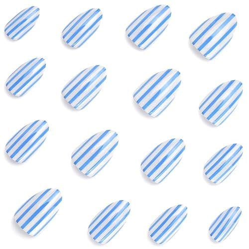 Short Almond Press on Nails Blue White Striped Line Fake Nails Decoration | Glossy Cute Acyrlic False Nails Nature Reusable Full Cover Stick on Nails for Women Manicure 24Pcs thumbnail 3