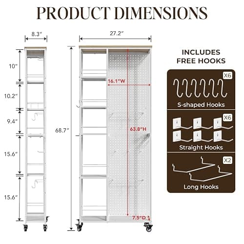 Craft Storage Cart with Dual-Sided Pegboard,5-Tier Shelves Craft Room Storage and Organization,Craft cart Lockable Wheels, Rolling Organizer for Craft Room, Art Supplies,Small Spaces (White, 68.7" H) thumbnail 2