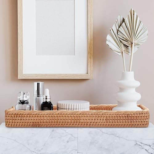 Rattan Bathroom Vanity Trays Toilet Tank Baskets Long Narrow Hand Towel Storage Basket for Storage, Decorative (Natural 16.3 x 6.1 x 2 inch) thumbnail 8