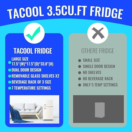TACOOL Mini Refrigerator with Freezer Small Fridge Double Door Side Drink Holder Adjustable Glass Shelves, Plastic Crisper, 7 Level Temperature Control for Bedroom, Office, Apartment White thumbnail 6