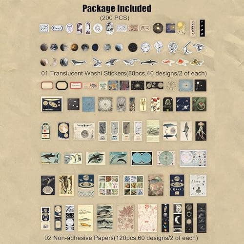 Esweny 200 Pieces Vintage Ephemera Scrapbooking Supplies Pack for Journaling, Decoupage Paper Scrapbook Stickers Kit for Junk Journal Planners Collage Craft Notebooks Album (Space and Sea) thumbnail 2