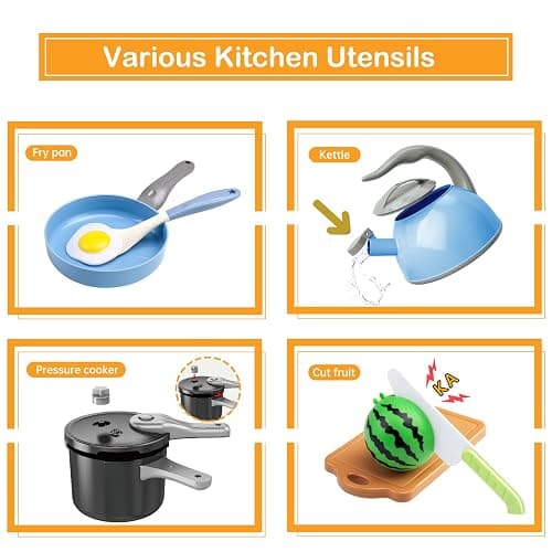 130Pcs Kitchen Playset, Toddler Pretend Cooking Play Pots, Pans, Utensils Cookware, Daily Food Fruit Veges, Shopping Storage Basket, Dessert, Prop Money, Learning Gift for Child (Blue) thumbnail 5