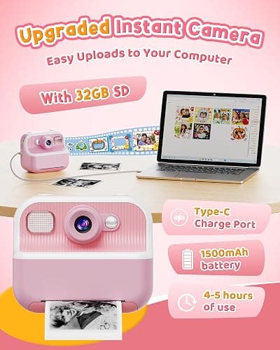Instant Camera, Front Rear Dual Selfie Kids Camera with 1080P Videos, Holiday Birthday Gifts for Kids Age 3-12, Toddler Portable Travel Print Digital Camera Toy for 4 5 6 7 8 9 Year Boys Girls - Pink thumbnail 7