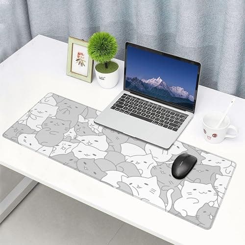 White Kawaii Cats E-Sport Mouse Pad Large Desk Mat Non-Slip Rubber Base Stitched Edge Keyboard Mouse Pad for Office Home E-Sport Computer Laptop, 31.5×11.8 Inches thumbnail 7