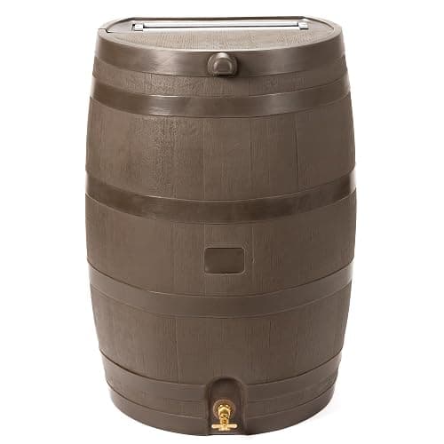 RTS Home Accents 50-Gallon Rain Barrel with Brass Spigot, Flat Back Rain Water Collection Barrel, Walnut Color - Image 1