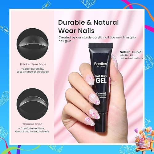 Beetles Gel Nail Kit Short Almond Gift Spree, with Dehydrator and Primer, 576Pcs Half Matte Etch-X Gel Nail Tips Solid Nail Glue Mini Lamp Acrylic Tips Easy DIY Extension Set Gift for Women thumbnail 4