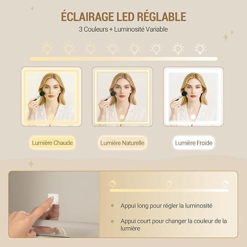 Hzuaneri Grande Coiffeuse avec Éclairage LED, 3 Couleurs, Luminosité Réglable, Miroir, 9 Tiroirs, 9 Étagères Ouvertes, Blanc-Or DT41903X thumbnail 4