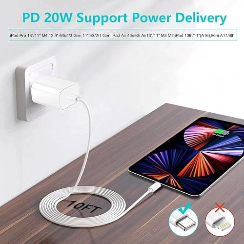 iPad Pro Charger,20W USB C Fast Charger with 10FT Long Fast Charging Cord for iPad Pro 12.9 5th/4th/3rd,11 inch 3rd/2nd,13 inch M4,iPAD Air 5th/4th Generation/13/11 M3 M2,iPad 10th/11th(A16),Mini A17 thumbnail 2
