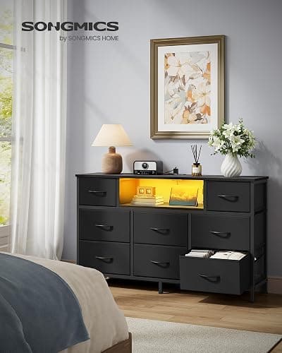 SONGMICS BELLAH Collection - Dresser for Bedroom with Outlets and LED Lights, TV Stand for TVs Up to 55 Inches, Chest of Drawers, 8 Drawers, Steel, Industrial, Modern, Ink Black ULGS433BH02S thumbnail 2