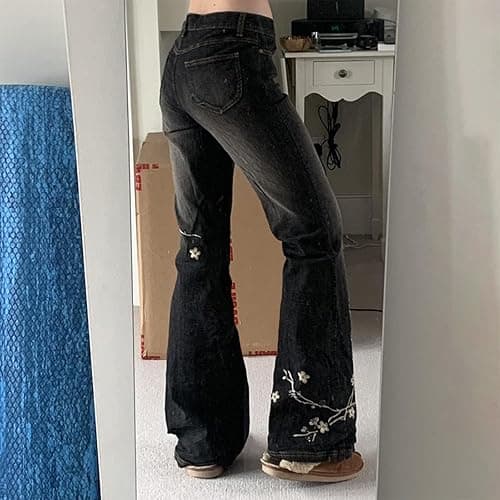 Women Bell Bottom Jeans Stretchy Flare Mid Rise Embroidery Vintage Denim Pants 90s Outfits Y2k Clothes thumbnail 5