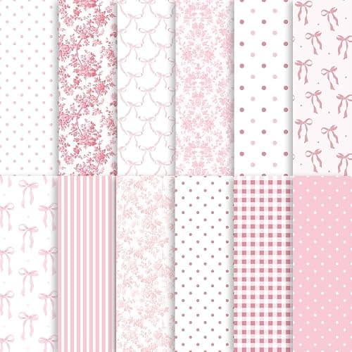 24 Sheets Preppy Pink Bow Scrapbook Paper, Coquette Bow Ribbon and Floral Decorative Craft Paper Folded Flat for Birthday Wedding Baby Shower Card Making Photo Album Decor, 12'' x 12'' - Image 1