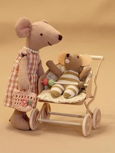 Funky Mini House Miniature Rolling Dollhouse Doll Stroller with Movable Wheels, Retro Iron Doll Pram, 1/12 Scale Dollhouse Furniture (Pink) thumbnail 5