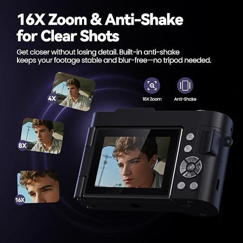 Digital Camera 4K for Photography Vlogging: 50MP Cameras for Video - 16X Zoom Photo Camera Gifts for Teens Ages 8-16 - 180°Flip Screen Compact Cámara - Point and Shoot Digital Cameras for YouTube thumbnail 4