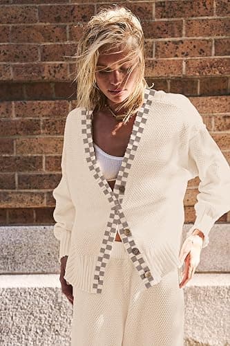 SAUKOLE Womens Two Piece Outfits Knit Sweater Sets Oversized Button Down Cardigan and Long Pants Matching Lounge Set thumbnail 5