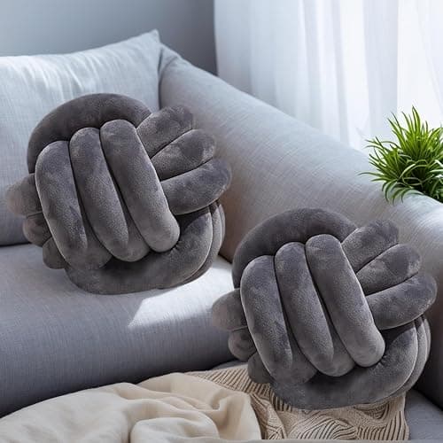 Wadser 2 Pcs Knot Pillows, Dark Grey Knotted Ball Pillow Plush Throw Pillows for Bed Sofa Couch, 8.7" Decorative Round Pillow Cushions - Image 1