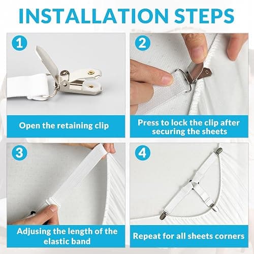 Inscool Bed Sheet Straps, 4-Pack Adjustable Bed Sheet Clips - Easy Install Secure Fit Clips, Non-Slip Elastic Holders for Fitted Sheets | Keep Sheets in Place (White) thumbnail 6