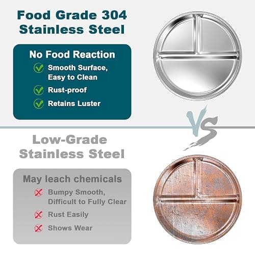 EWFEN Stainless Steel Toddler Plate Set of 6, 9" Portion Control Plates Divided Plate for Adults Kids Balance Lunch, Non Slip | Unbreakable Toddler Baby Feeding Set Dishwasher Safe thumbnail 5