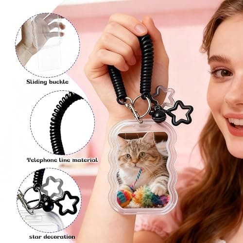 Qoncosy 2 Pack Cute Photocard Holder Keychain Kpop Photo Card Holder, Transparent PC Holder with Star Wave Design for Bus Student Card, Creative Photo Protector Keychain (Black and White) thumbnail 4