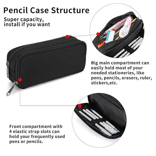 Della Gao Pencil Case Large Capacity Pencil Pouch Aesthetic Pencil Box for Office Stationery Organizer, Simple Sturdy Multifunctional Pencil Bag for Men - Black thumbnail 4