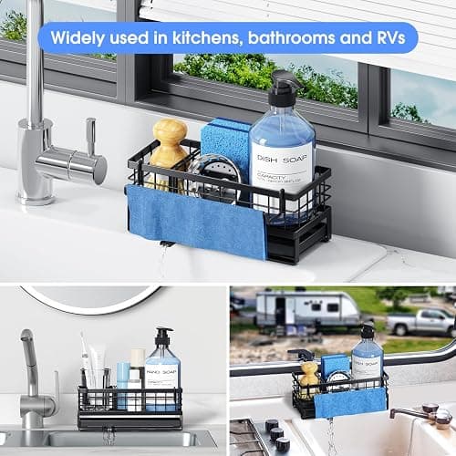 DYFVREN Kitchen Sink Sponge Holder, Rustproof Non-Slip Self-Draining Metal Sink Caddy with Detachable Dish Cloth Holder (Black) thumbnail 8
