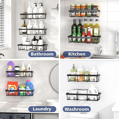 Liuoud 5 Pack Shower Caddy Organizer Rack Shelf for Inside Shower, Adhesive Bathroom Wall Storage Basket Rustproof Stainless Steel Shampoo Holder, Bathroom Accessory Decor Set, Black. thumbnail 9