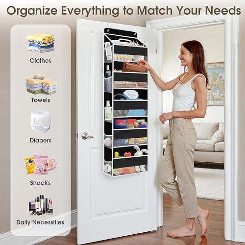 SpaceHacks 1 Pack Over The Door Organizer, Hanging Storage Organizer with Clear Window, 40lb Ultra Sturdy Large Capacity Room Organizer for Pantry Laundry Bathroom Nursery Closet (Black) thumbnail 6