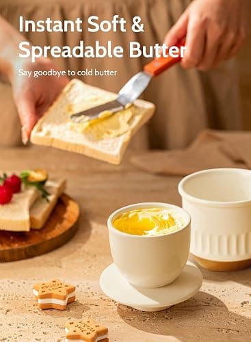 Sweese Embossed French Butter Crock with Water, Ceramic Butter Keeper with Lid for Countertop, Vintage White & Ochre Butter Dish, Dishwasher & Microwave Safe thumbnail 6