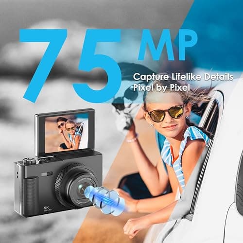 5K Digital Camera, 75MP Vlogging Camera with 64GB SD Card, 2.8'' 180° Flip Screen, 18X Digital Zoom, AF Autofocus, Antishake, Flash, Compact Point and Shoot Digital Cameras for Beginners Teens Adults thumbnail 3