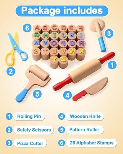 Wooden Dough Tools Kit for Kids, Dough Accessories with Rolling Pins, Pizza Cutter, Safety Scissors & 26 Letter Stamps, Educational Alphabet Learning Toys Gift for Toddlers Ages 3–6 thumbnail 6