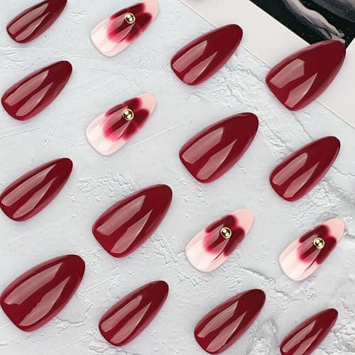 Ruzister 24 Burgunderfarbene Blumen Mit Diamantrüstung,Press On Nails,Kunstnägel Zum Aufkleben,Nagel Tips Set thumbnail 3