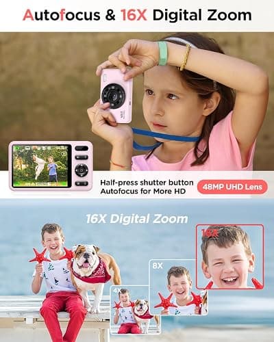 Digital Camera with 128GB SD Card Autofocus 48MP 2.7K Cameras for Photography 16X Digital Zoom Anti Shake 2 Batteries Kids Camera for Beginner Boys Girls Teens-Pink thumbnail 3
