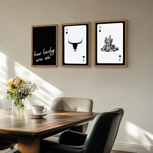 Western Wall Art Set of 3, Southwestern Cowboy Playing Card Wall Decor, Longhorn Bull Skull and How Lucky are We Poster Canvas Painting Prints for Bedroom Living Room 12x16 inch Wood Framed thumbnail 4