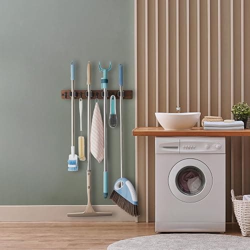 OUTNILI Mop and Broom Holder Wall Mount - Rustic Wood Broom Mop Hanger - Wall Mounted Garden Tool Rack Organizer for Closet Garage Laundry Room Kitchen Decor With 4 Slots & 4 Hooks thumbnail 2