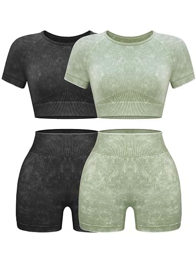 OLCHEE Womens Workout Sets 2 Piece - Seamless Acid Wash Yoga Outfits Shorts and Crop Top Matching Gym Athletic Clothing Set - Image 1