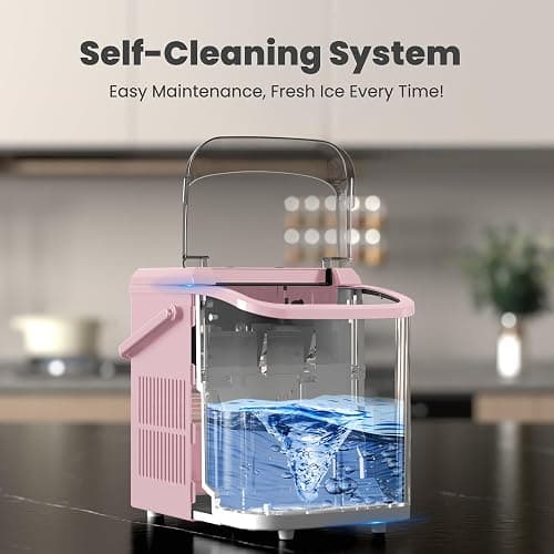DUMOS Countertop Ice Maker with Handle, 26lbs/24H Portable Ice Machine, 9 Bullet Ice Cubes Ready in 6 Mins, Self-Cleaning, Quiet Compact Ice Maker for Home, Kitchen, RV, Camping, Pink thumbnail 5
