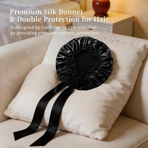 Silk Bonnet Satin Bonnet for Sleeping Large Bonnets with Tie Band Hair Wrap with Adjustable Straps Hair Cap for Women Curly Black thumbnail 2